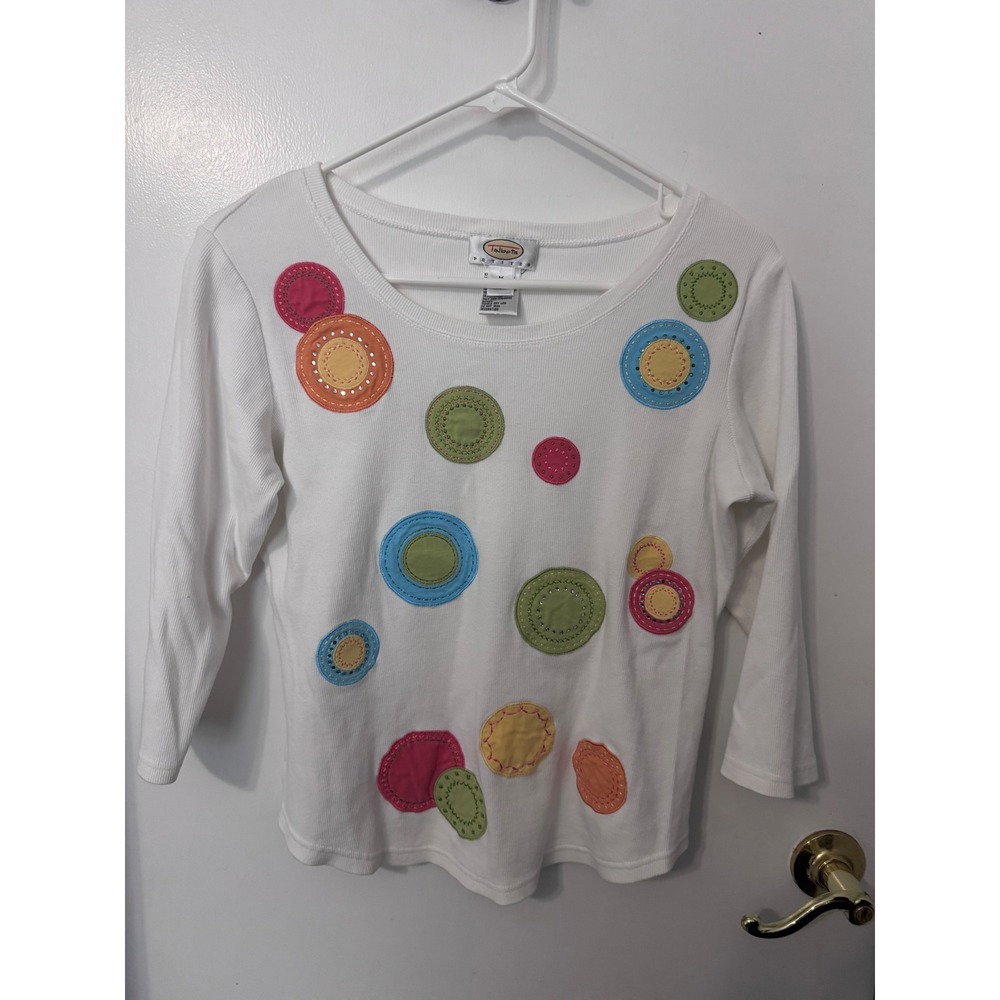 Talbots Petites White Ribbed Top Multi-Color Polka Dot Rhinestone Applique PM